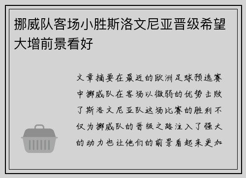 挪威队客场小胜斯洛文尼亚晋级希望大增前景看好