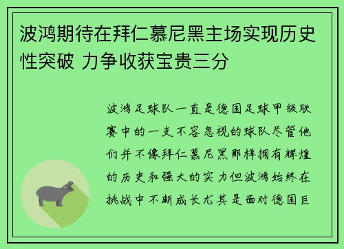 波鸿期待在拜仁慕尼黑主场实现历史性突破 力争收获宝贵三分