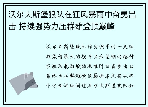 沃尔夫斯堡狼队在狂风暴雨中奋勇出击 持续强势力压群雄登顶巅峰