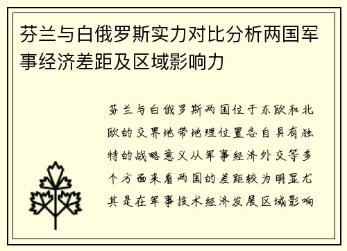 芬兰与白俄罗斯实力对比分析两国军事经济差距及区域影响力