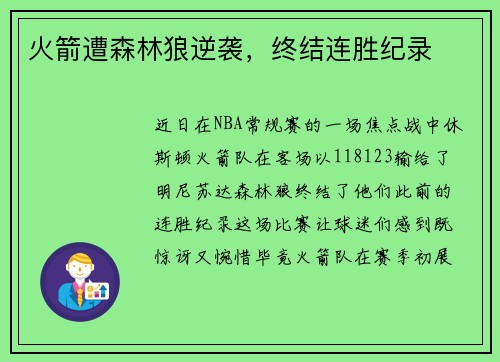 火箭遭森林狼逆袭，终结连胜纪录