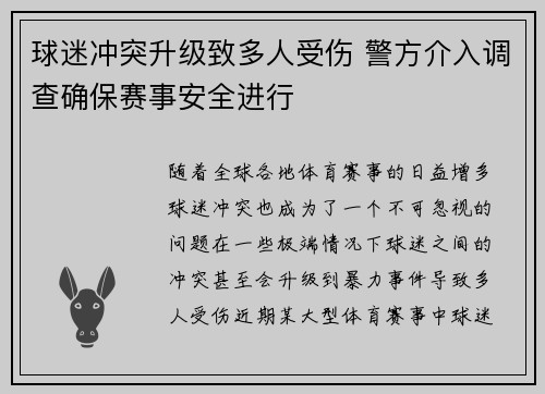 球迷冲突升级致多人受伤 警方介入调查确保赛事安全进行