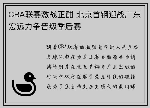 CBA联赛激战正酣 北京首钢迎战广东宏远力争晋级季后赛