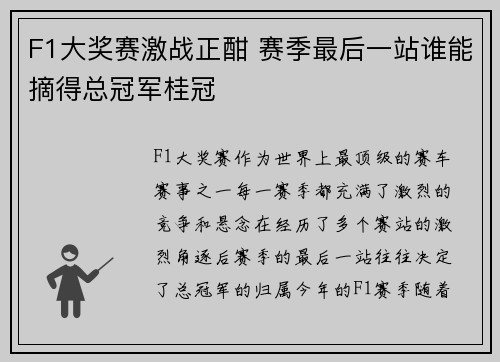F1大奖赛激战正酣 赛季最后一站谁能摘得总冠军桂冠